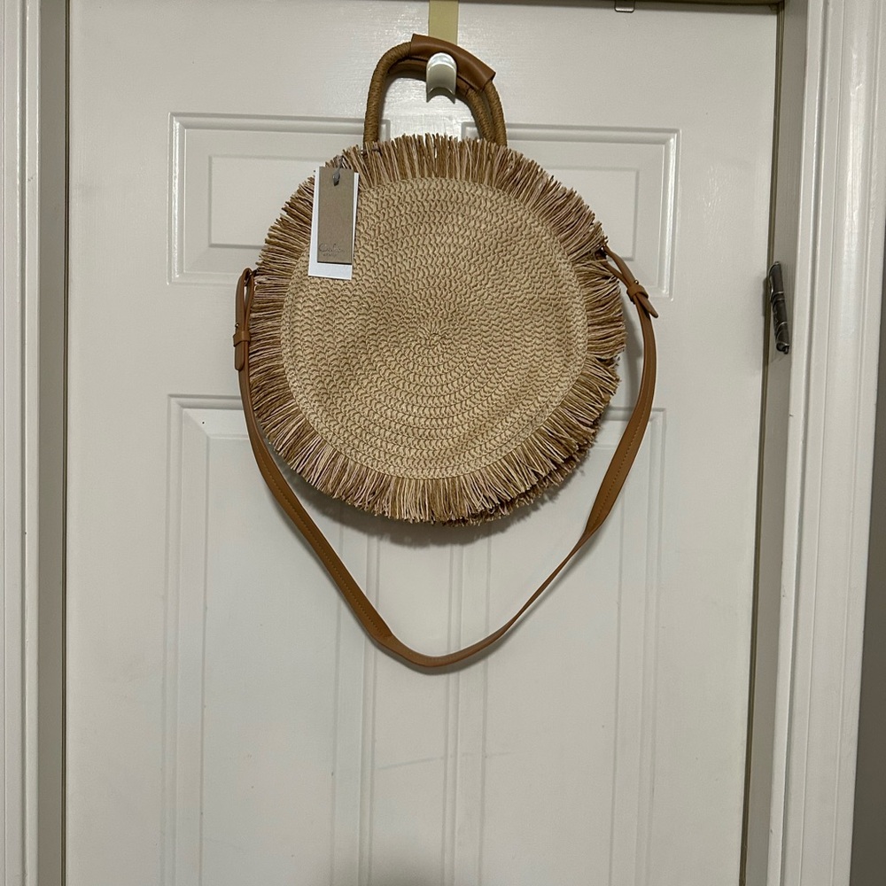 Round Straw Tote Bag with Tan Accents